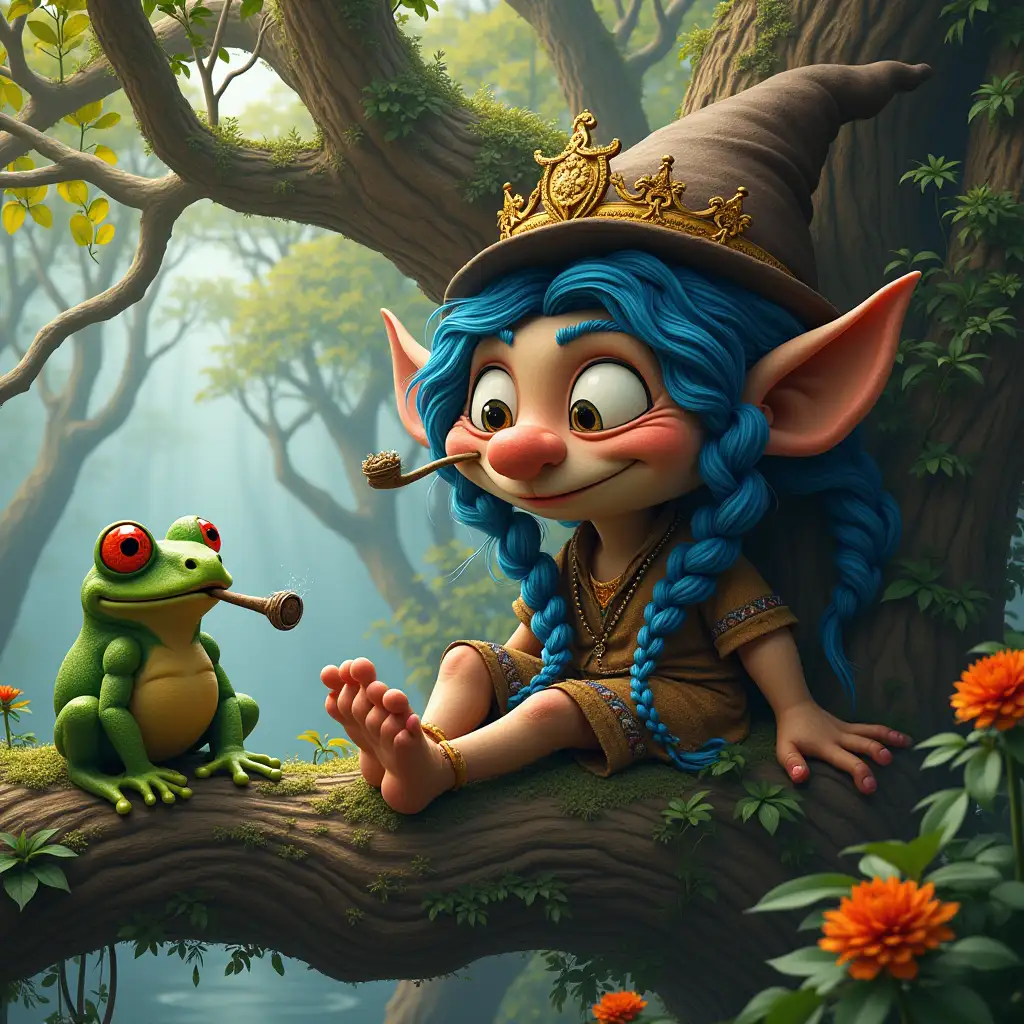 ultradetailled hyperrealistic portrait of a troll with blue braids sits on the veranda with a frog king with a cigar in his mouth a dreamy big treehouse on a large branch with intricately detailed, colorful plants in the background