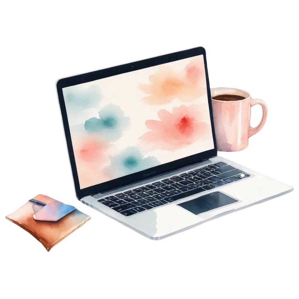 A cozy watercolor laptop with a steaming coffee cup beside it. Soft pastel colors, gentle brush strokes, and a hand-painted texture. Aesthetic and warm, perfect for productivity-themed designs. High-resolution PNG with a transparent background