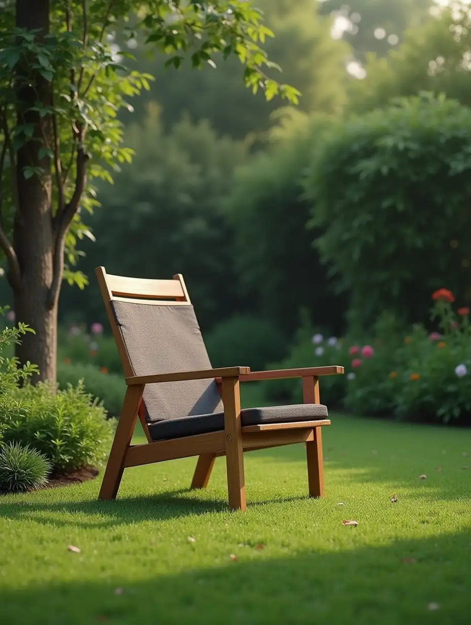 Serene-Green-Garden-with-Wooden-Chair-and-Lush-Plants