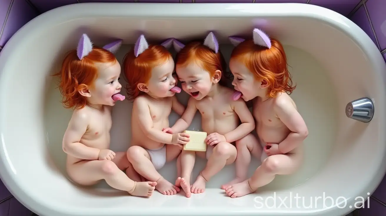 Four-Redhead-Girls-Playfully-Sharing-Bathtub-with-Ivory-Soap-Bar-and-Violet-Cat-Ears