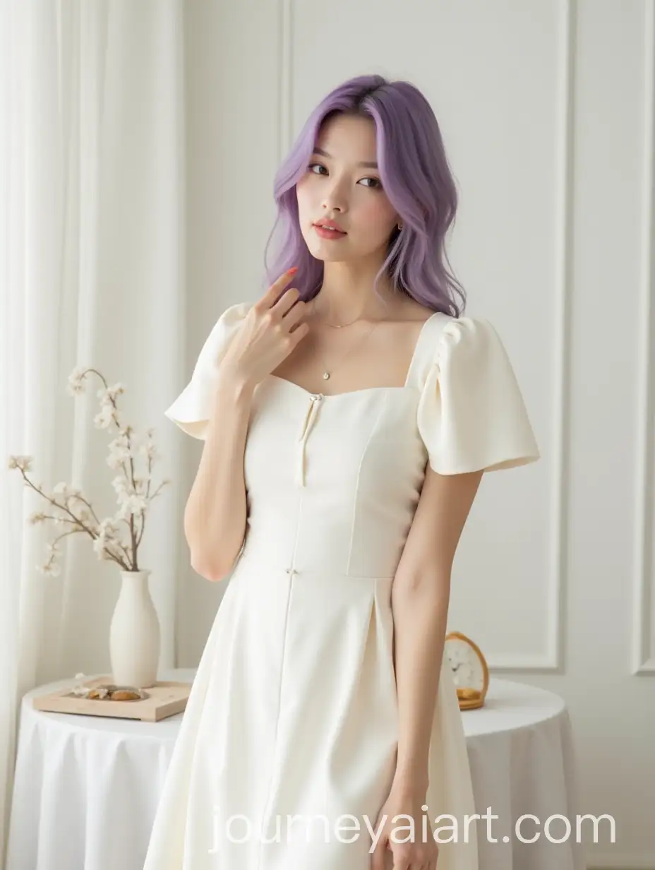 Woman-in-OffWhite-Dress-with-Purple-Hair-Posing-Elegantly-Against-Aesthetic-White-Background