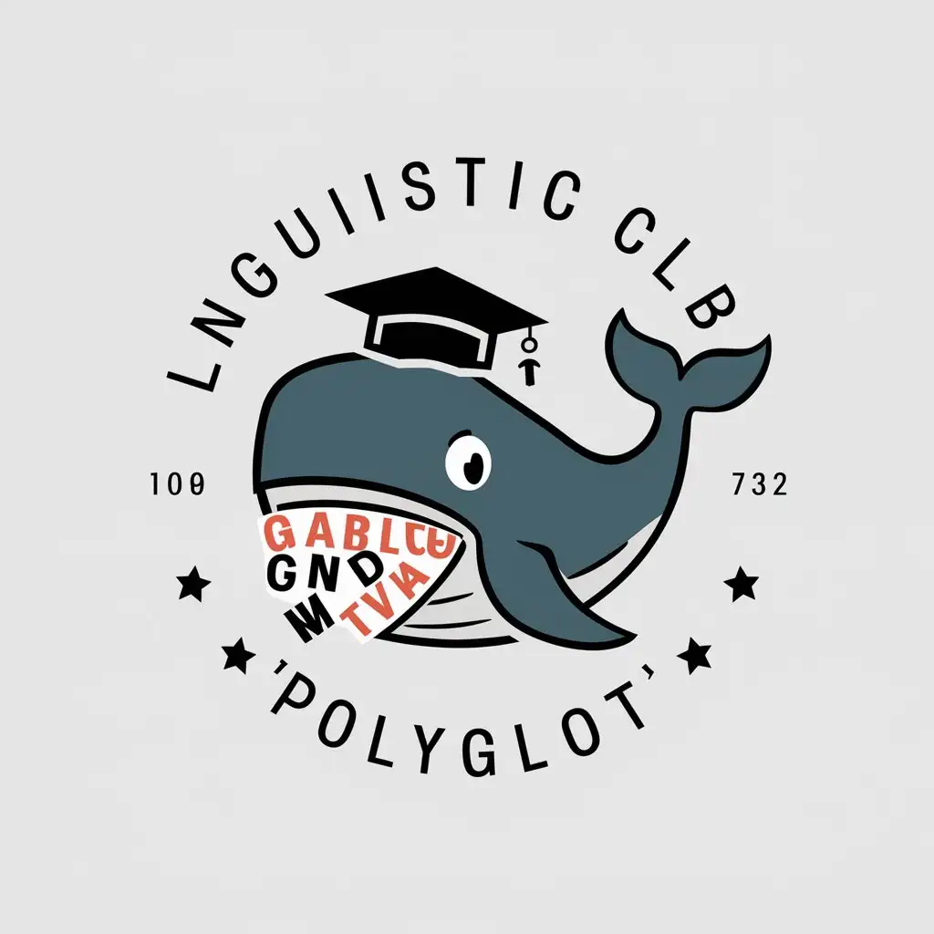 LOGO-Design-for-Linguistic-Club-Polyglot-Whale-with-Graduate-Cap-and-English-Alphabet-Letters