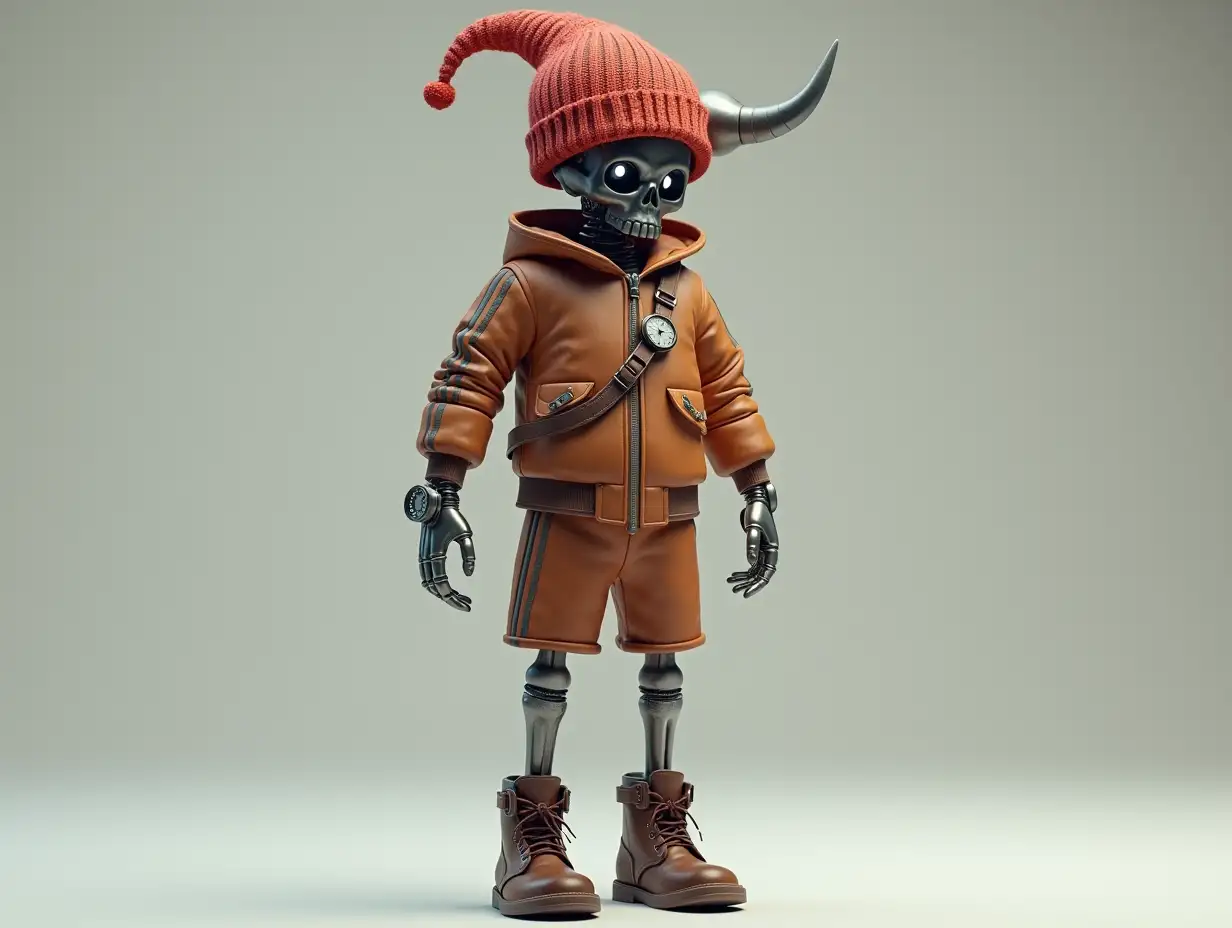 Create a high-resolution, realistic image of a robot with a skeleton body, brown leather boots and head wearing a fashionable tracksuit, holding a watch in one hand and a hat with red knit and a horn in 4K resolution