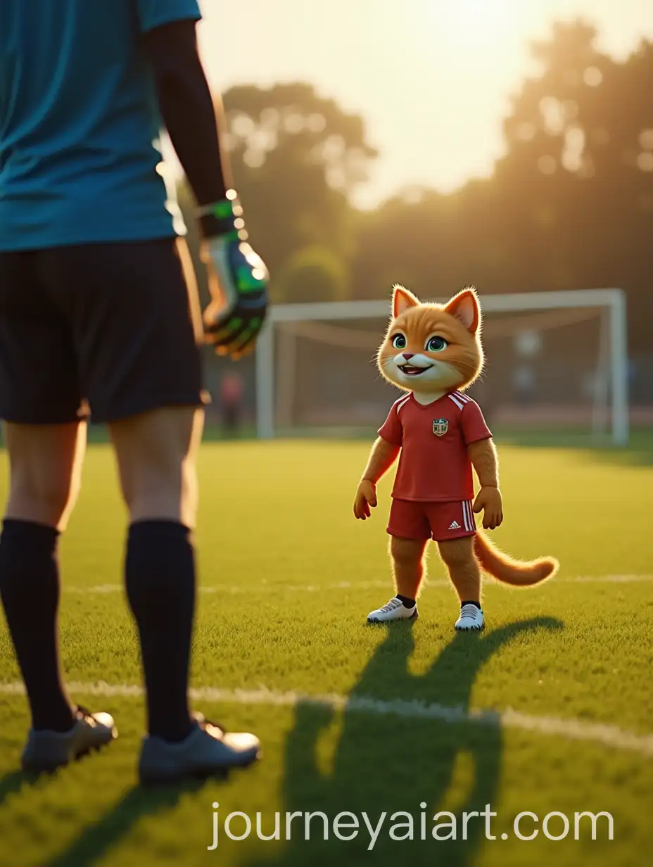 Goalkeeper-and-TeAI-Image-Prompt-Expansionammate-on-the-Football-Field-with-Anthropomorphic-Cat