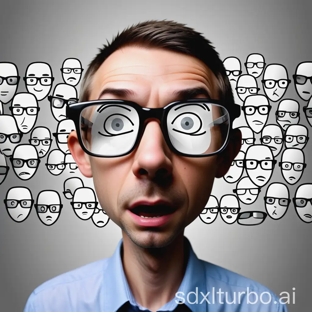 please generate an image of a stick figure person looking through a big pair of glasses and seeing distorted and warped versions of many stick figure people who are on the other side of the glasses. please show both the clear and distorted people. please make all people simple stick figures.