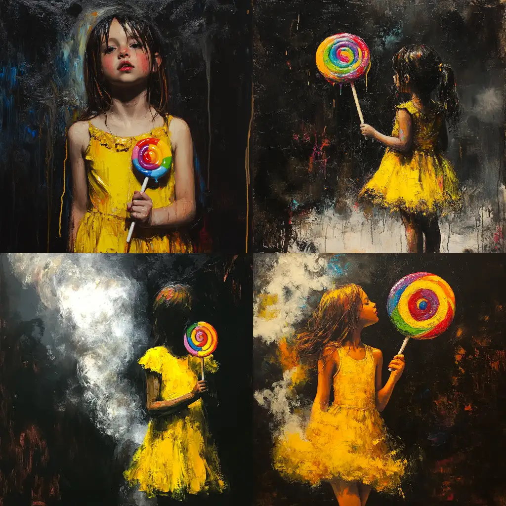 Abstract-Oil-Painting-of-a-Young-Girl-with-Rainbow-Lollipop-and-Steamy-Dark-Background