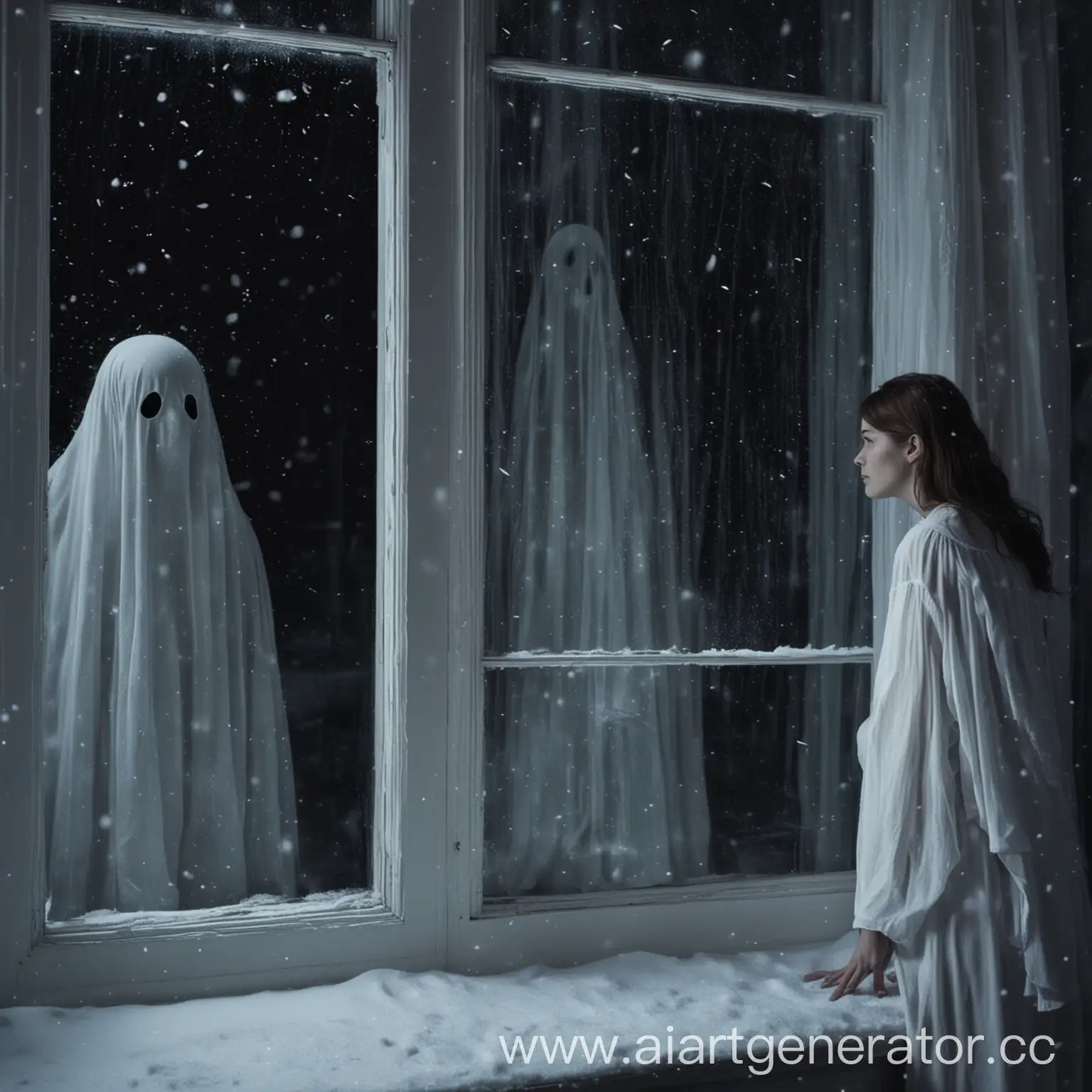 Ghostly-Figure-in-Snowy-Night-Woman-at-Window