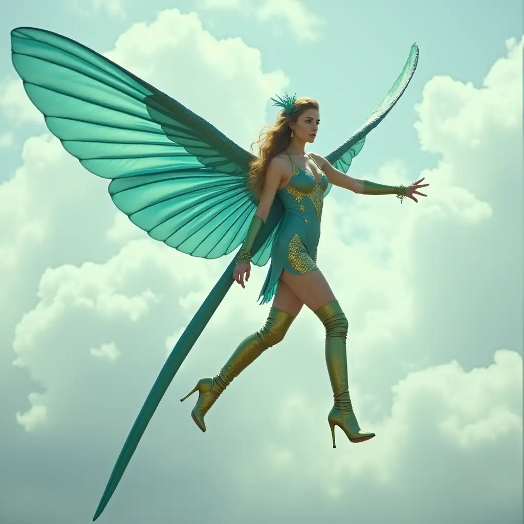 A photo of a woman with large, iridescent green-blue hummingbird wings and a long green-blue bird tail. She is flying in the sky above the clouds. She is wearing a golden patterned blue latex dress and golden patterned green latex thigh-high stiletto boots. The background contains a cloudy sky.