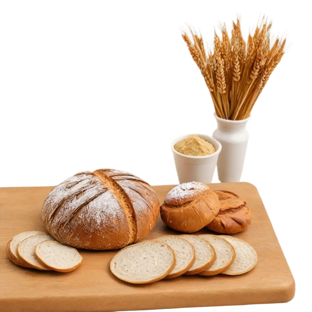 Photorealistic-PNG-Image-of-Artisan-Breads-with-Wheat-Stalks-and-Flour-on-a-Bread-Board