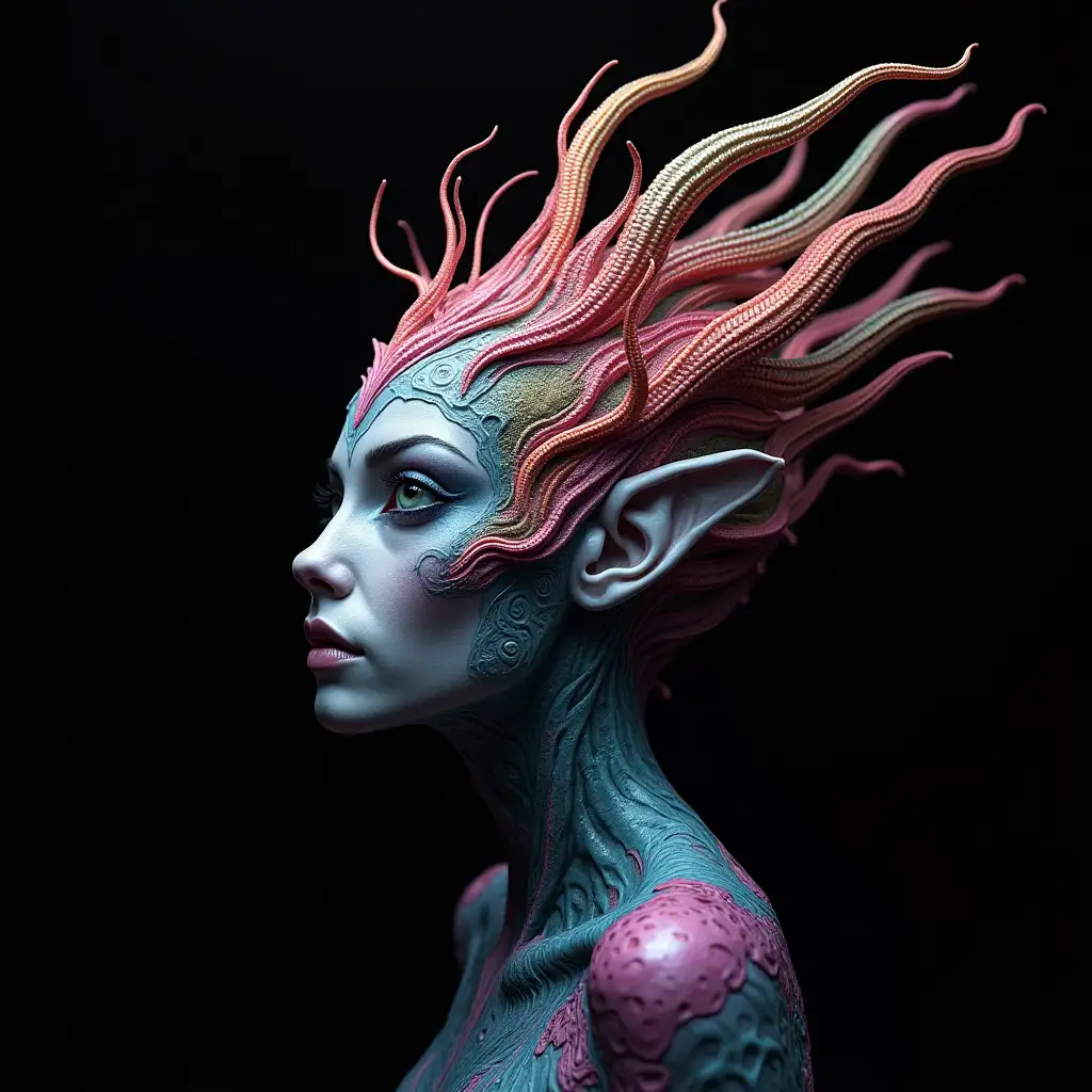 Hyperrealistic portrait of a beautiful alien queen with intricate, colorful details on a black background