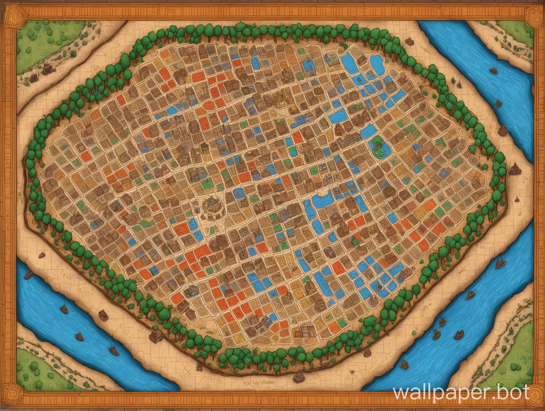 2d hand drawn colorful top down videogame map of colonial city in 1619 santa fe argentina, 6 x 9 square street grid, indigenous population, riverside, litoral setting, world of warcraft rumble, santa fe de la vera cruz