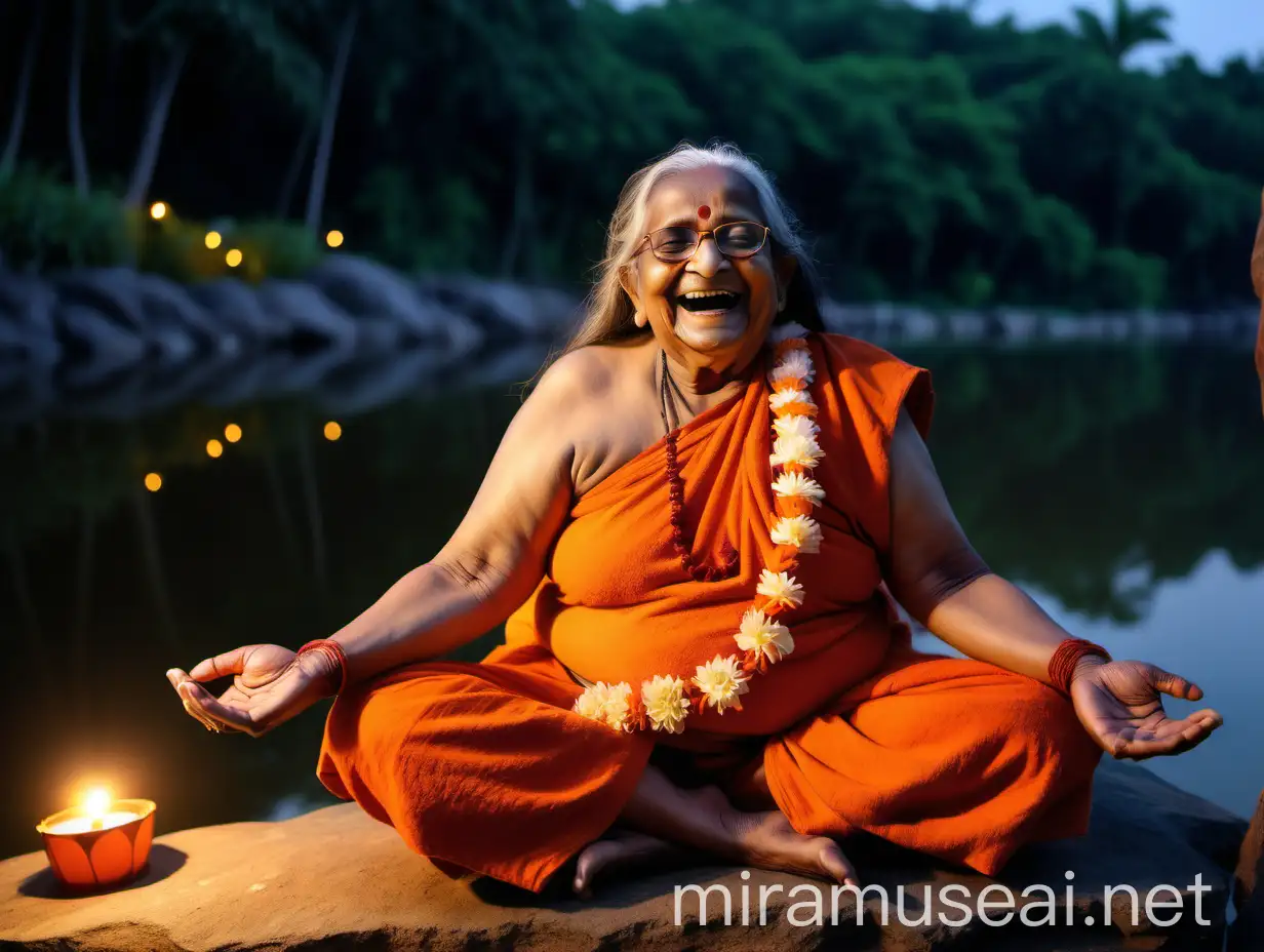 Elderly Hindu Monk Woman Meditating by Lantern Light at Pond Shore