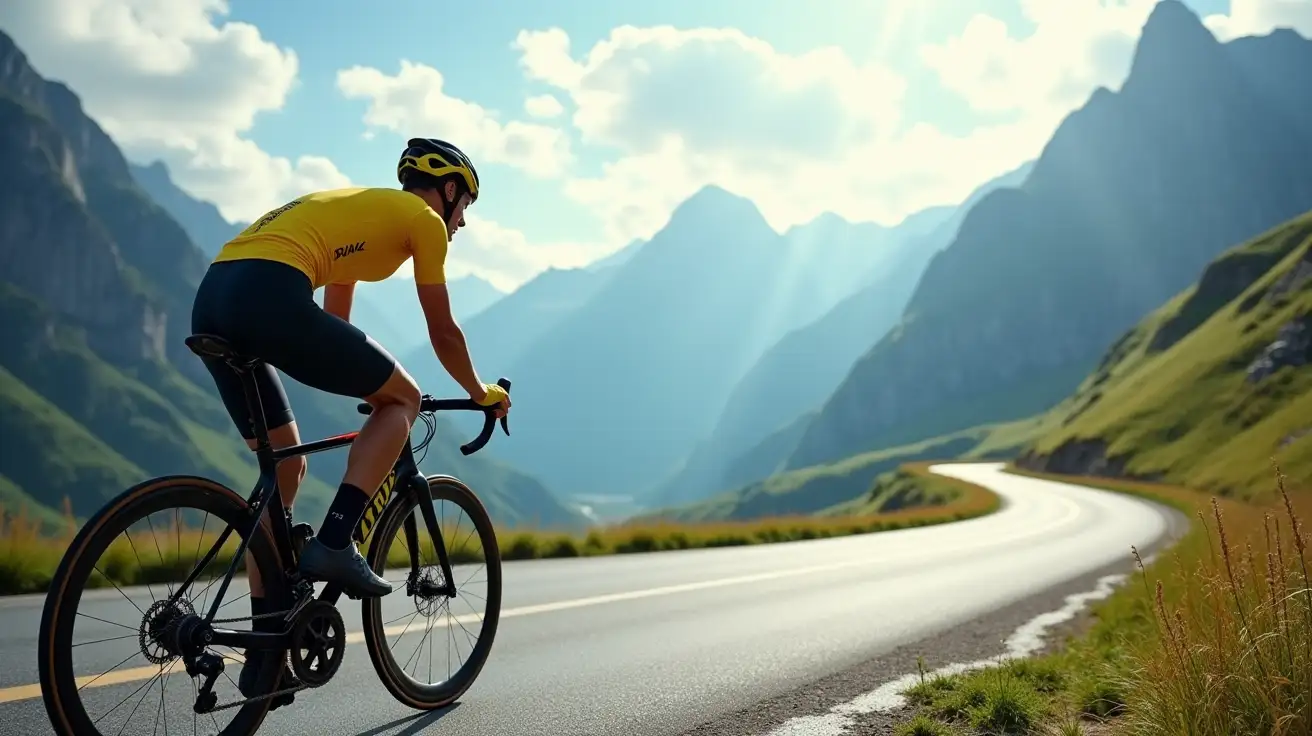 A dynamic and inspiring portrait of a road cyclist riding through the winding mountain roads of the French Alps, capturing the determination and endurance of the Tour de France. The cyclist, clad in a sleek yellow jersey and aerodynamic helmet, is fully focused as he pedals with power and precision. His muscular legs and lean frame highlight the intense physical demands of the race. The backdrop features the breathtaking scenery of the French mountains, with dramatic peaks, lush green valleys, and a narrow, curving road that disappears into the distance. The sunlight filters through scattered clouds, casting soft beams onto the cyclist and the winding asphalt below. The shadows and highlights emphasize the textures of the road, the cyclist's gear, and the natural landscape.