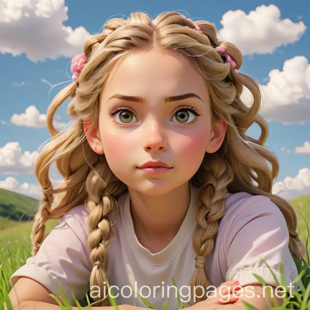 Blonde-Girl-in-Braids-Sitting-on-a-Grassy-Hill-with-Fluffy-Clouds