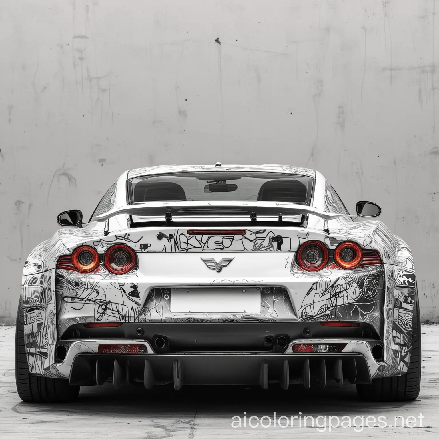 modern sports  car modified view from the back  and uplifted  graffiti art, Coloring Page, black and white, line art, white background, Simplicity, Ample White Space