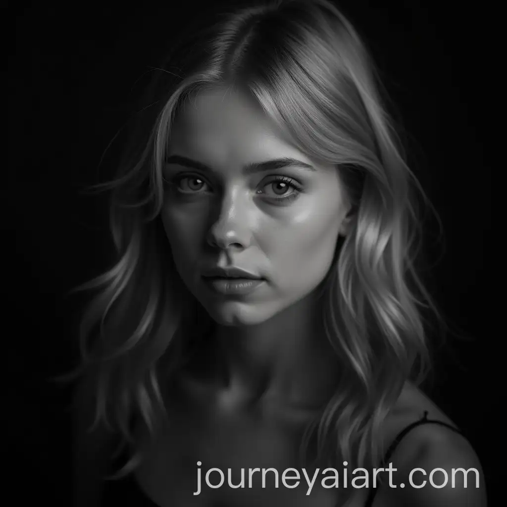 Black-and-White-Portrait-of-a-Blonde-Girl-with-Dark-Background