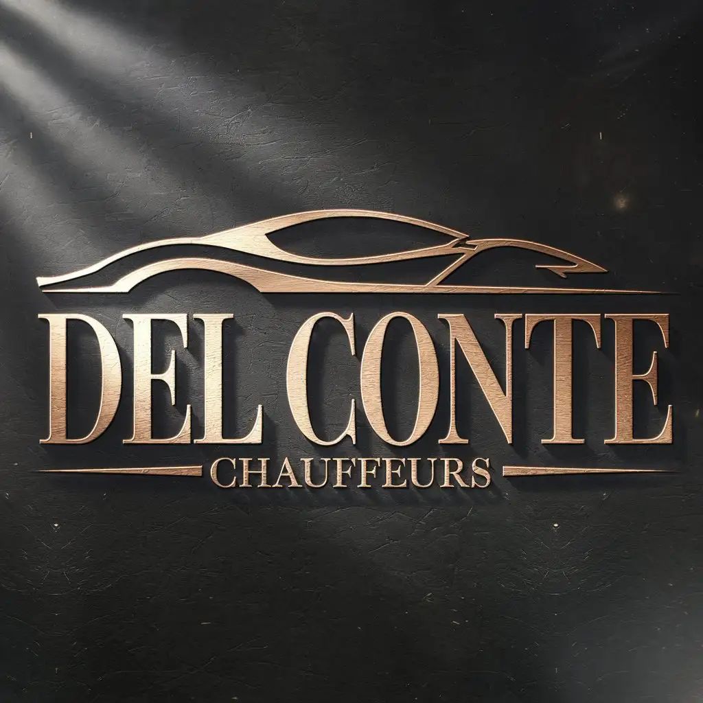 LOGO Design for DEL CONTE Chauffeurs Luxurious Car Silhouette with Metallic Chrome Text on Dark Matte Background