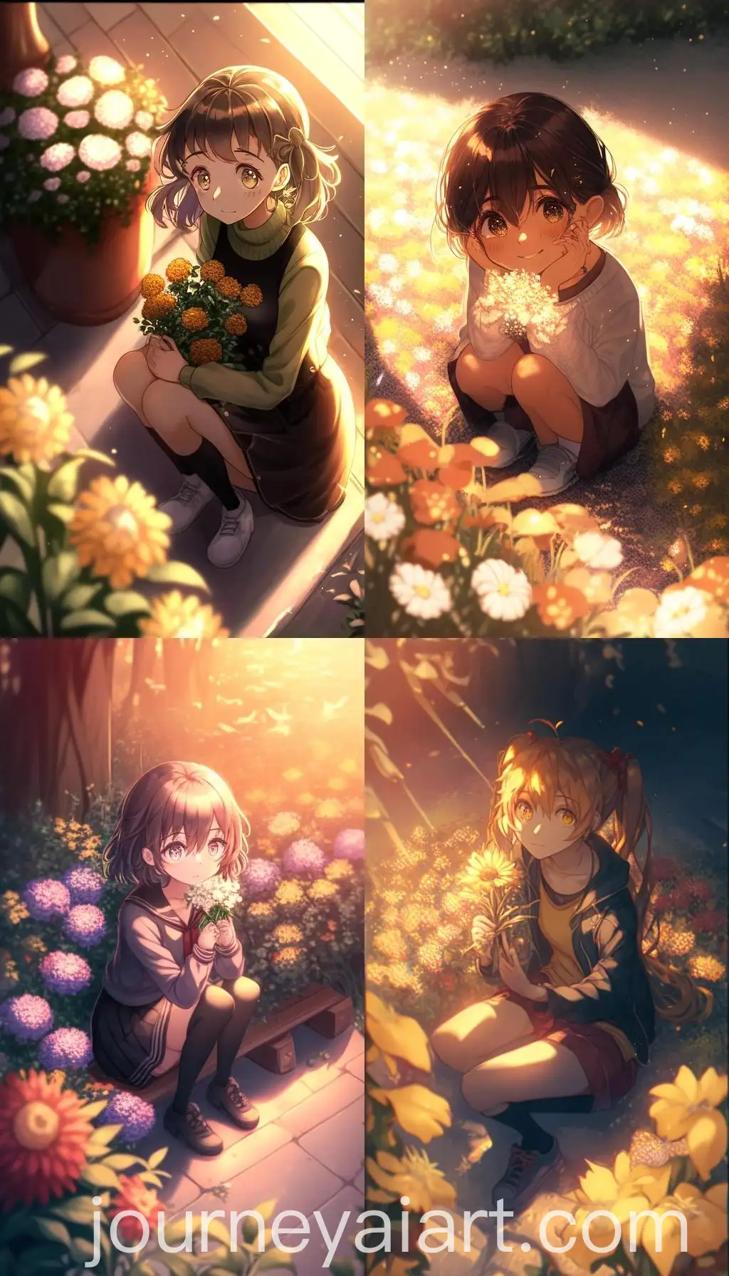 Girl-Squatting-Near-Flowers-with-Golden-Light