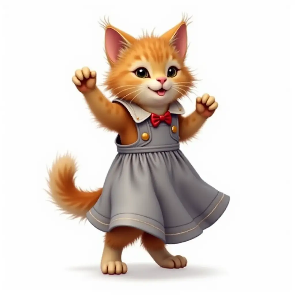 Create a PNG image of a Cat wearing a pinafore dress and dancing