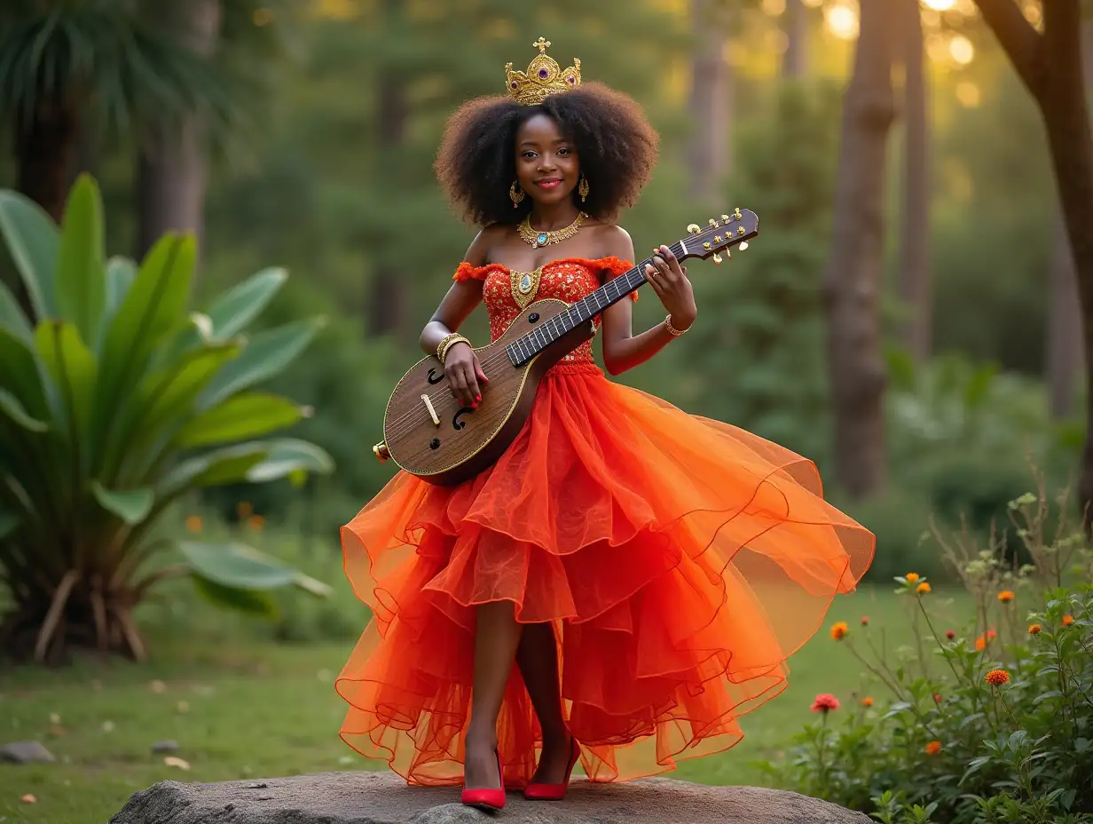 An African princess, beautiful bright dress, jewel crown, painting nails, red shoes, standing on a rock in the garden with an instrument in her hand 4K resolution, vibrant