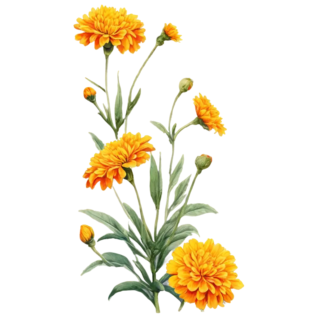 Handpainted-Marigold-Flowers-with-Green-Leaves-PNG-Image-Raw-Sketch-and-Realistic-Style