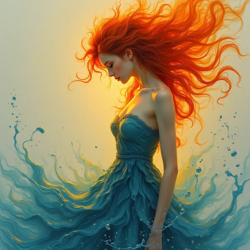 Abstract artwork showing a beautiful red-haired woman, water covering her in the form of a dress, fire covering her hair.