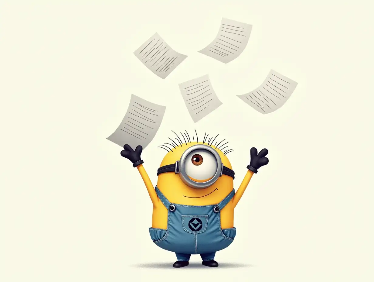 Drawing of a Minion holding documents in the air.