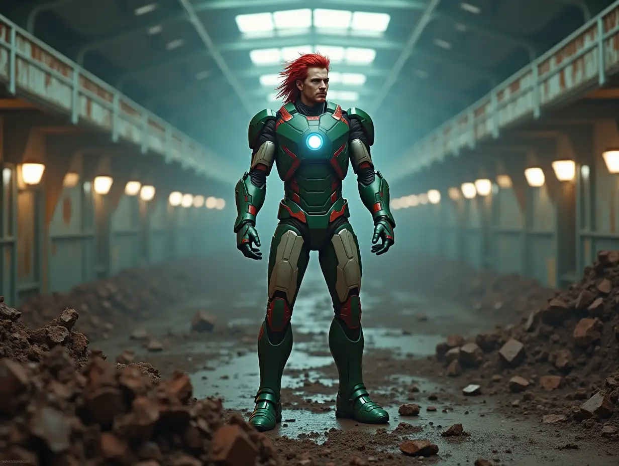 IronMan with red and white hair portrait and green and white costume, 8k resolution in a very bright room with many lighting and he stands on the ground of rusty metal heap with spotlights shining on him