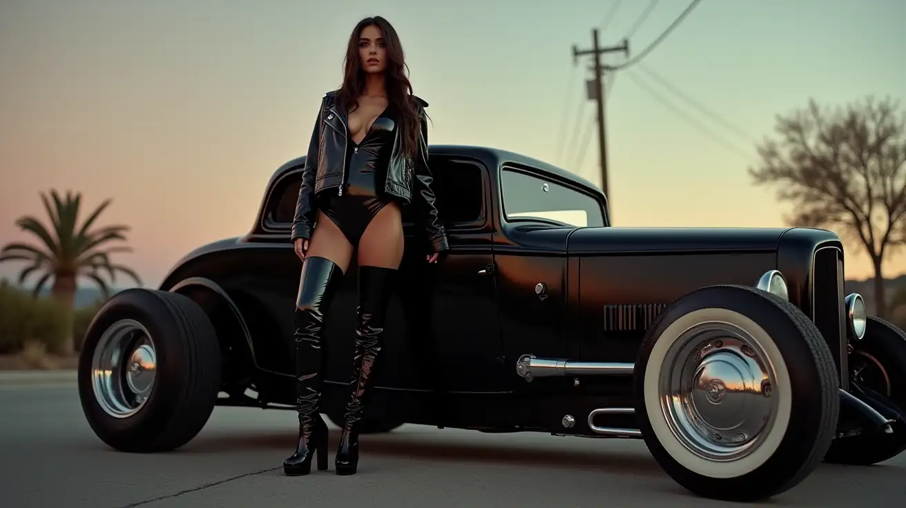 Woman-in-Shiny-Black-PVC-Jumpsuit-with-Rat-Rod-on-California-Street-at-Dusk