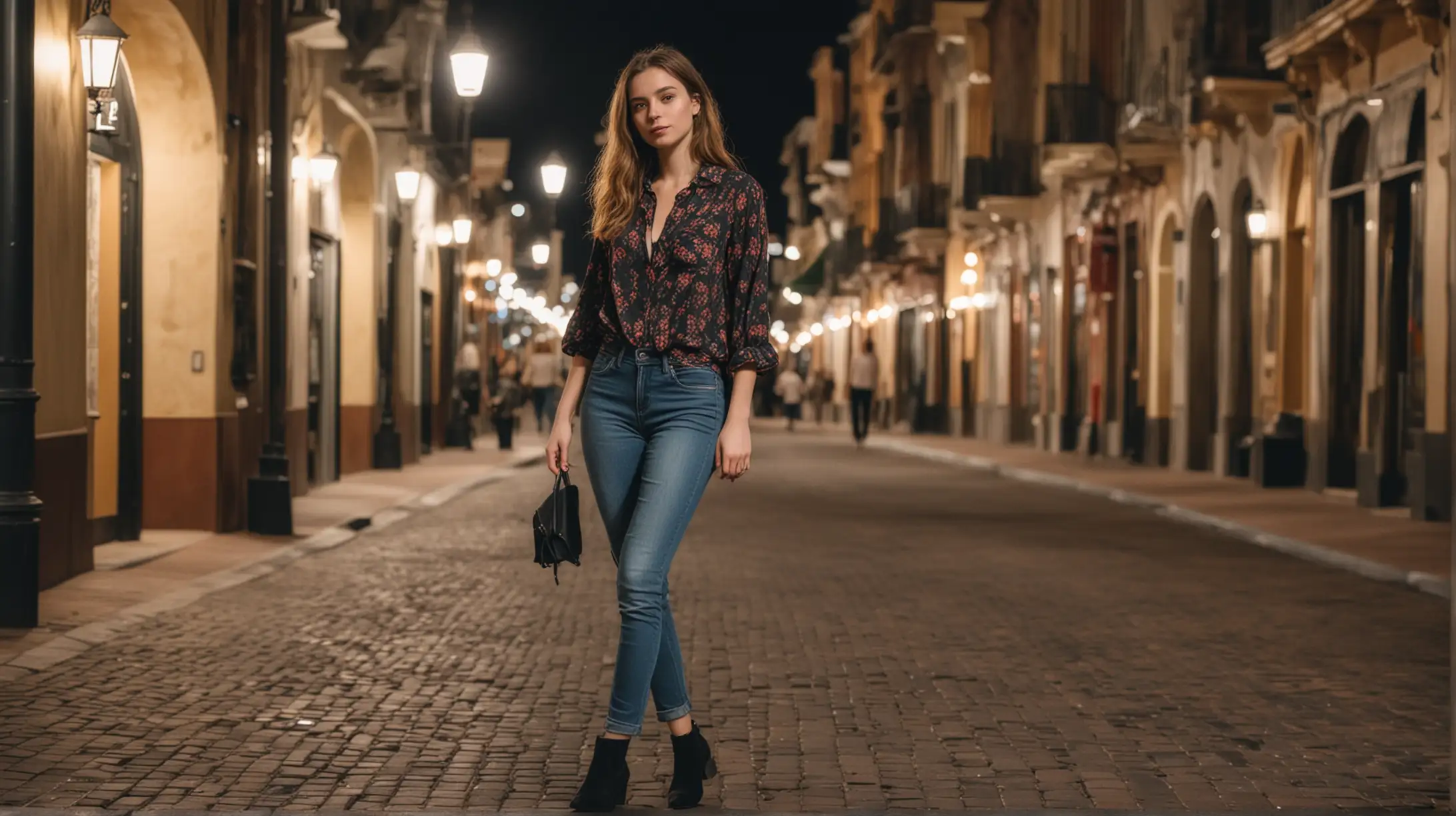 Fashionable American Woman Walking Night Plaza