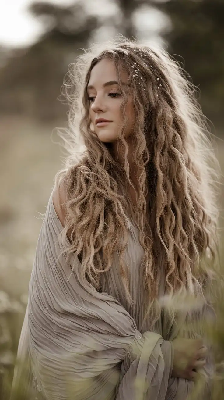 Bride-in-Dreamy-Sunlit-Field-with-Curly-Hair-and-Bohemian-Wedding-Dress