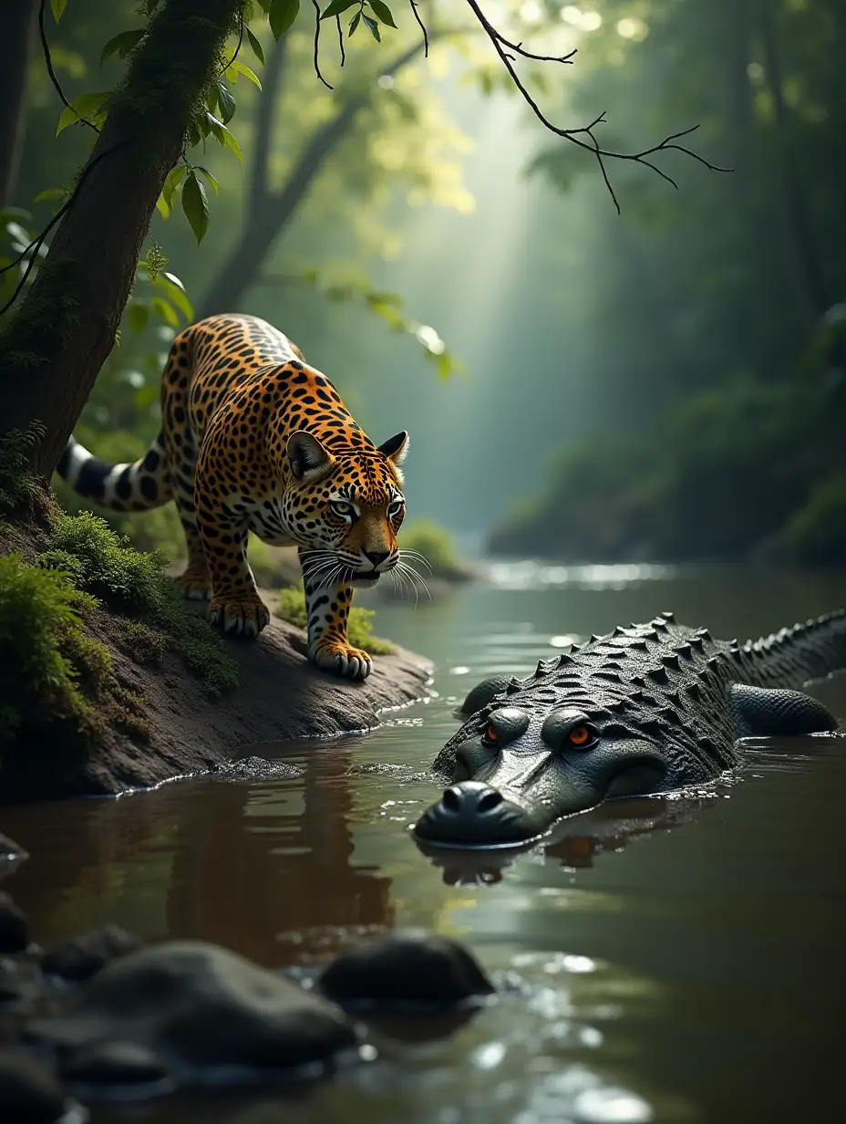 A jaguar prowls cautiously along the muddy edge of a jungle riverbank, its golden-spotted coat glowing under shafts of sunlight piercing through the dense foliage. Just below the water, a massive crocodile lurks, its piercing eyes and ridged snout barely breaking the surface. The tension in the air is palpable, with vines and moss adding to the rich, hyper-realistic jungle environment.