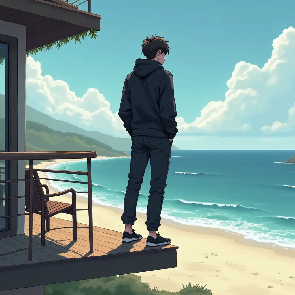 a guy in a black hoodie, balancing on the beam of a balcony, overlooking a sandy beach below,  You cannot see his face as his head is turned looking away from us, style of anime, street wear, rap and hip hop