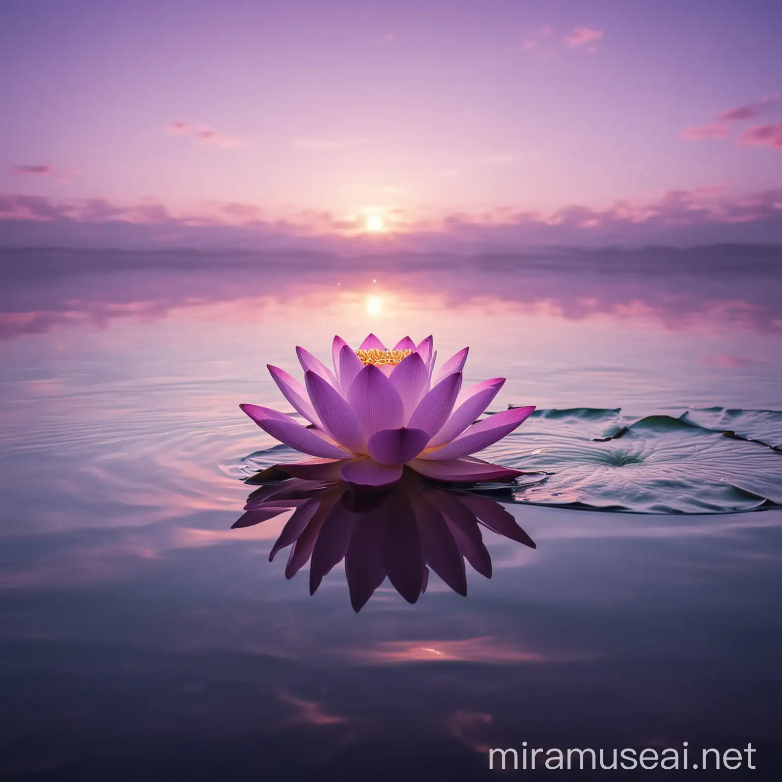 Dreamy Lotus Flower Floating on Calm Purple Waters under the Sky