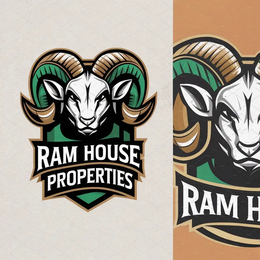 LOGO Design for Ram House Properties Powerful Ram Head with Green Black White and Gold Accents