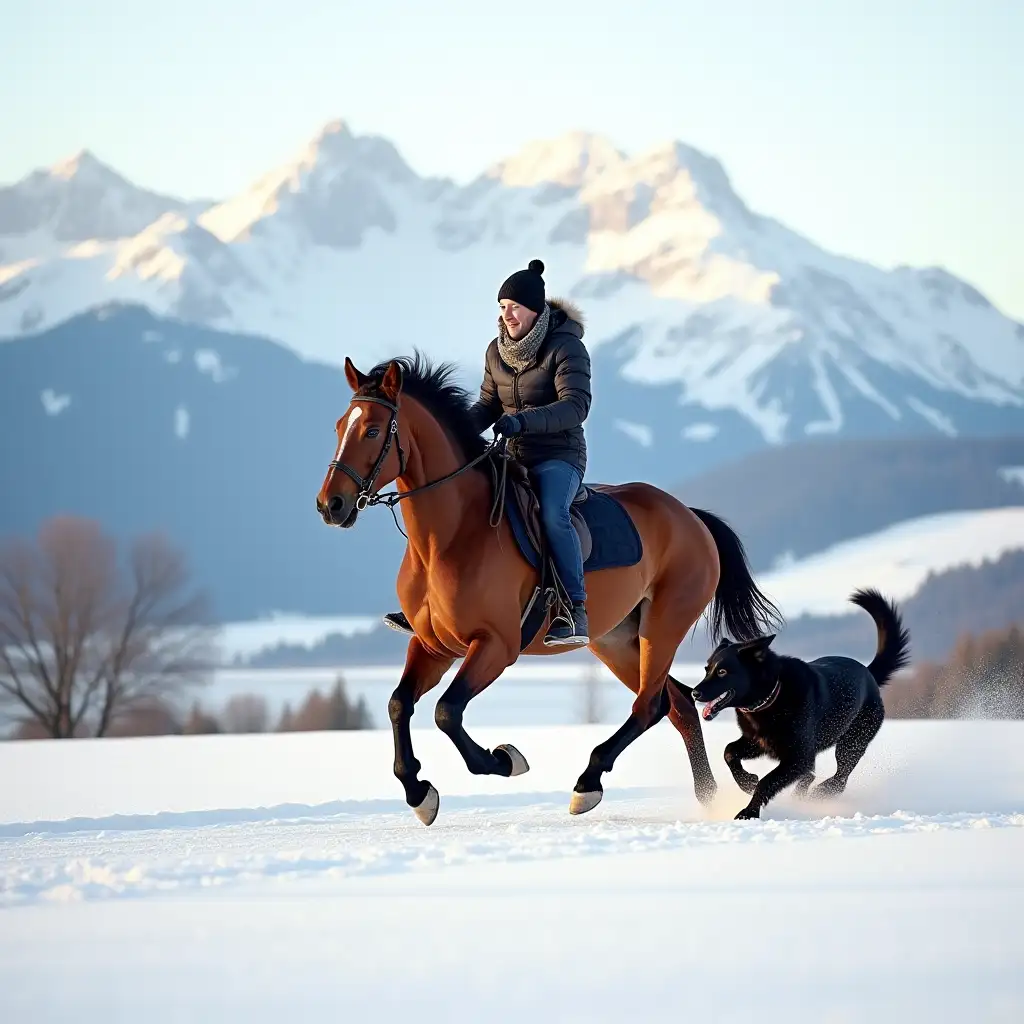 Horse-Galloping-with-Rider-and-Shepherd-Dog-in-Winter-Alps-Landscape