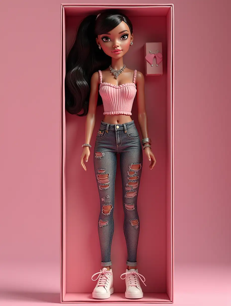 Create art: 3D-doll in Bratz style, made of soft touch plastic. A life-size character, repeating the appearance and outfit from my photo. Copy every detail: hairstyle, lips, eyes, facial features and proportions. The clothing - exactly the same, with an emphasis on style and textures. The doll lies in a plastic recess that mirrors its silhouette. Create a collector's action figure of a human - like an expensive toy in a box. Style: as realistic as possible, suitable for advertising or stories (aspect ratio 9:16). Accessories inside the box: Arranged next to the doll in their own separate compartments are accessories that match my mood and character.