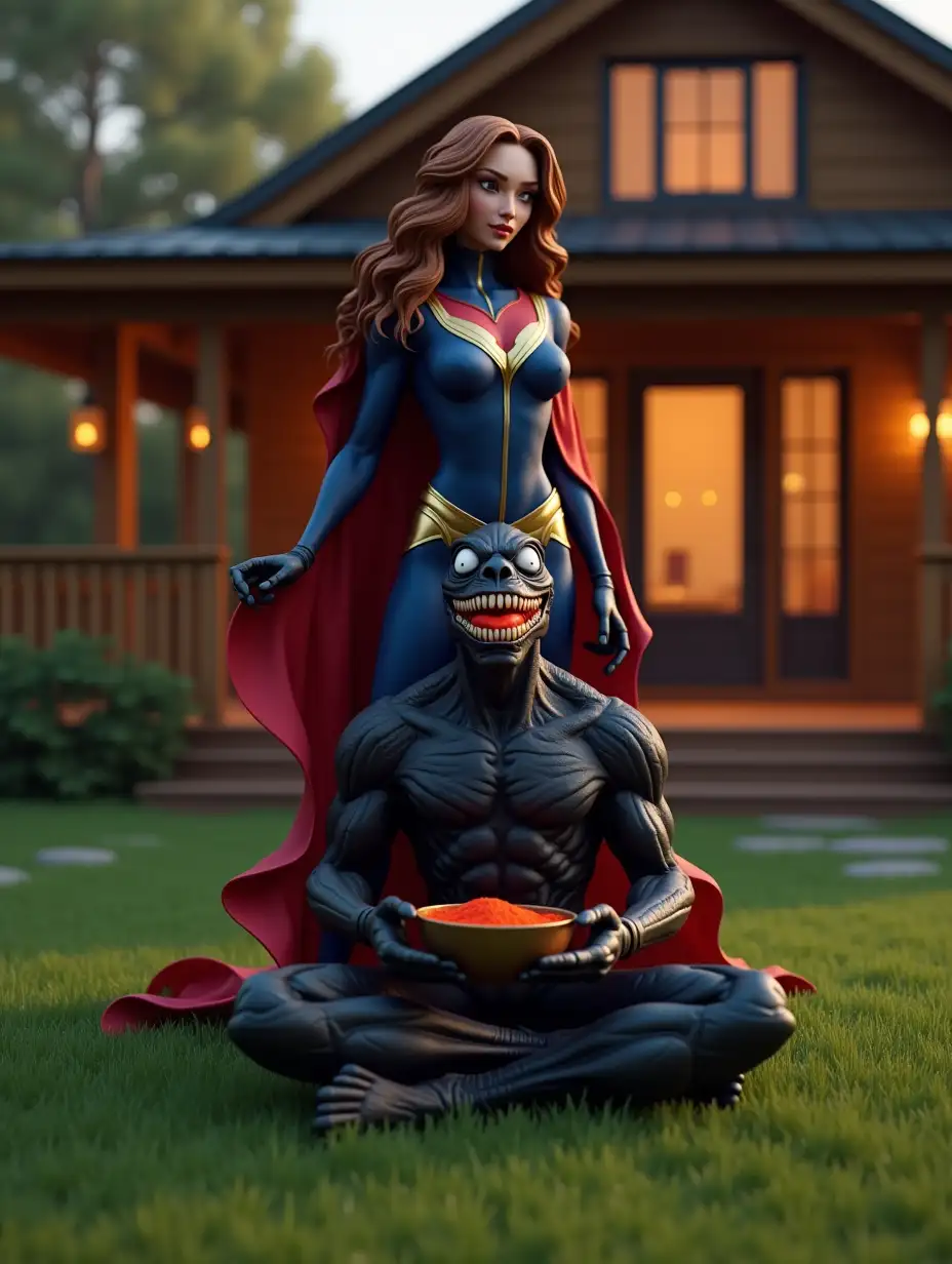 A highly detailed, ultra-realistic 3D render of a powerful female superhero with long, wavy brown hair, wearing a form-fitting blue and red suit with gold accents and a flowing red cape. She stands confidently behind a muscular, black-suited symbiotic creature sitting cross-legged on a lush green lawn. She holds a bowl filled with bright red chili powder in one hand, with a playful and confident smile on her face. The creature, with its glossy black skin, sharp white teeth, large white eyes, and an extended red tongue, grins mischievously while looking up at her. The scene is set in front of a cozy modern wooden house with a porch, warm glowing lights, and a peaceful backyard ambiance. The image is ultra-detailed, with realistic lighting, lifelike textures, and a vibrant color palette, creating a stunning 4K cinematic render