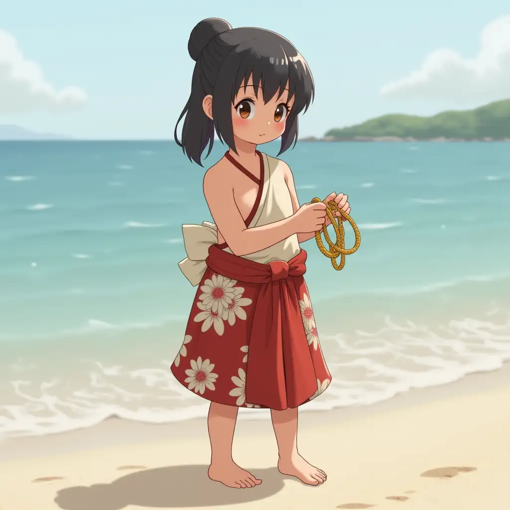 A slightly chubby girl in traditional local clothing on Yajima Island, upper body naked, barefoot stepping on sand, holding gold bracelets in her hands