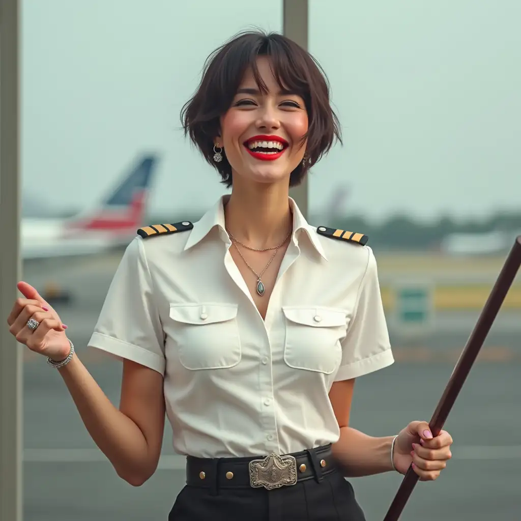 pilot lady, in white casually deep-necked airlines pilot shirt, laughing with her mouth open, red lipstick accentuating her smile, belt on waist, big wide hips, chest are fully grown, jewelry, short hair, HD, holds a long riding crop, airport, photo-realism