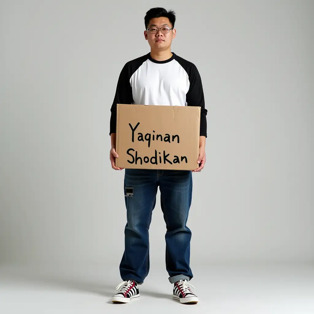 An Asian man dressed in a White and black Metallica raglan shirt with navy blue padding jeans pant completed with Adidas Kareem Abdul-Jabbar's shoes is holding cardboard that shown text 'Yaqinan Shodikan'.