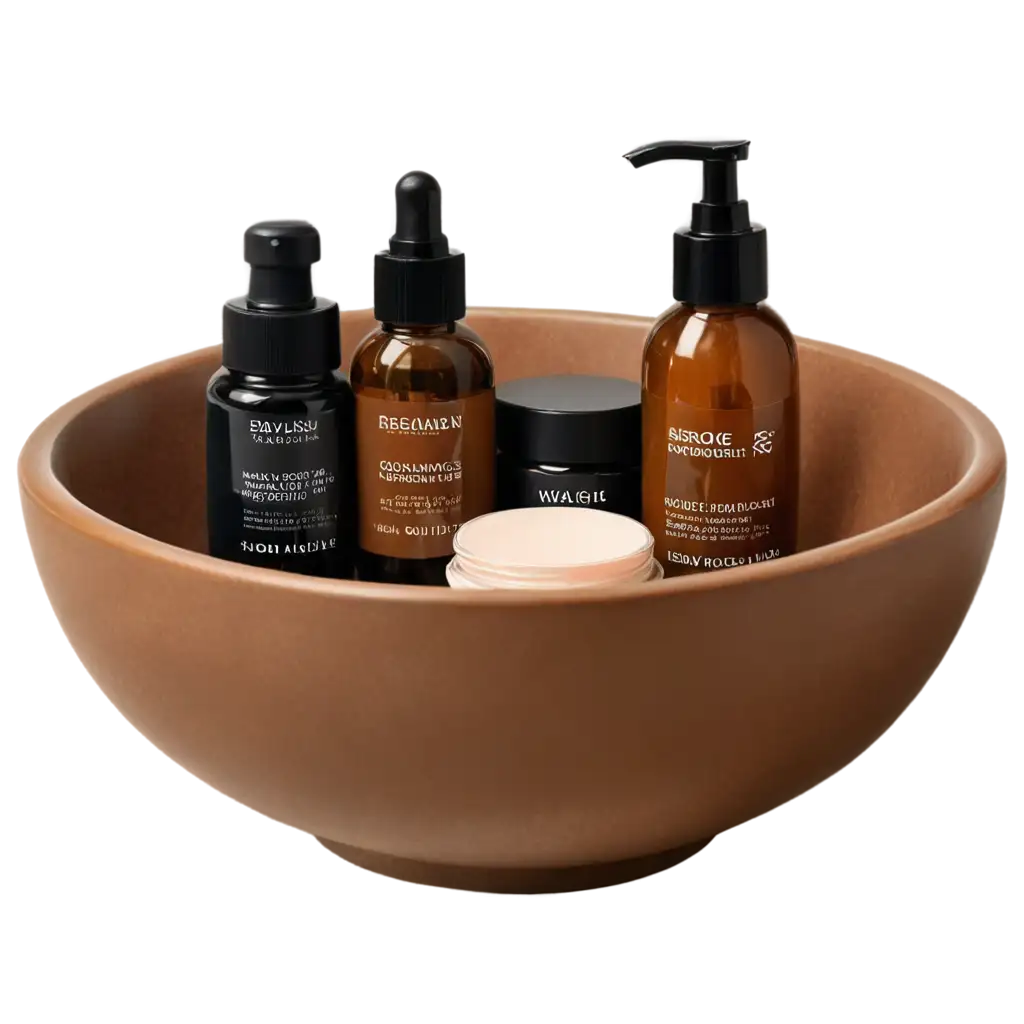 Skincare-Products-Bottles-in-Brown-Aesthetic-Bowl-PNG-Image-for-Clear-and-HighQuality-Visuals