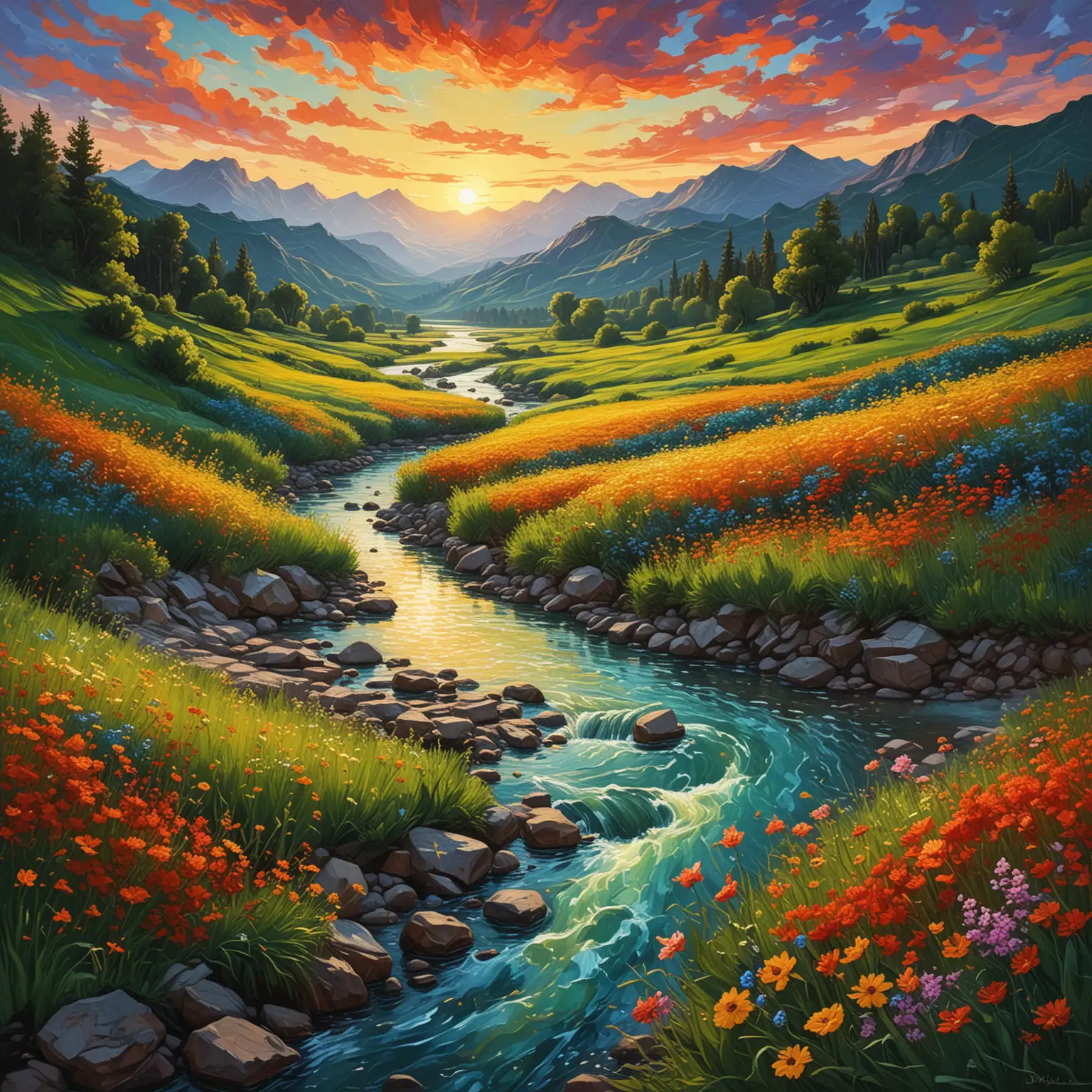 Surreal-Landscape-Painting-with-Swirling-Colors-and-Lush-Green-Hills