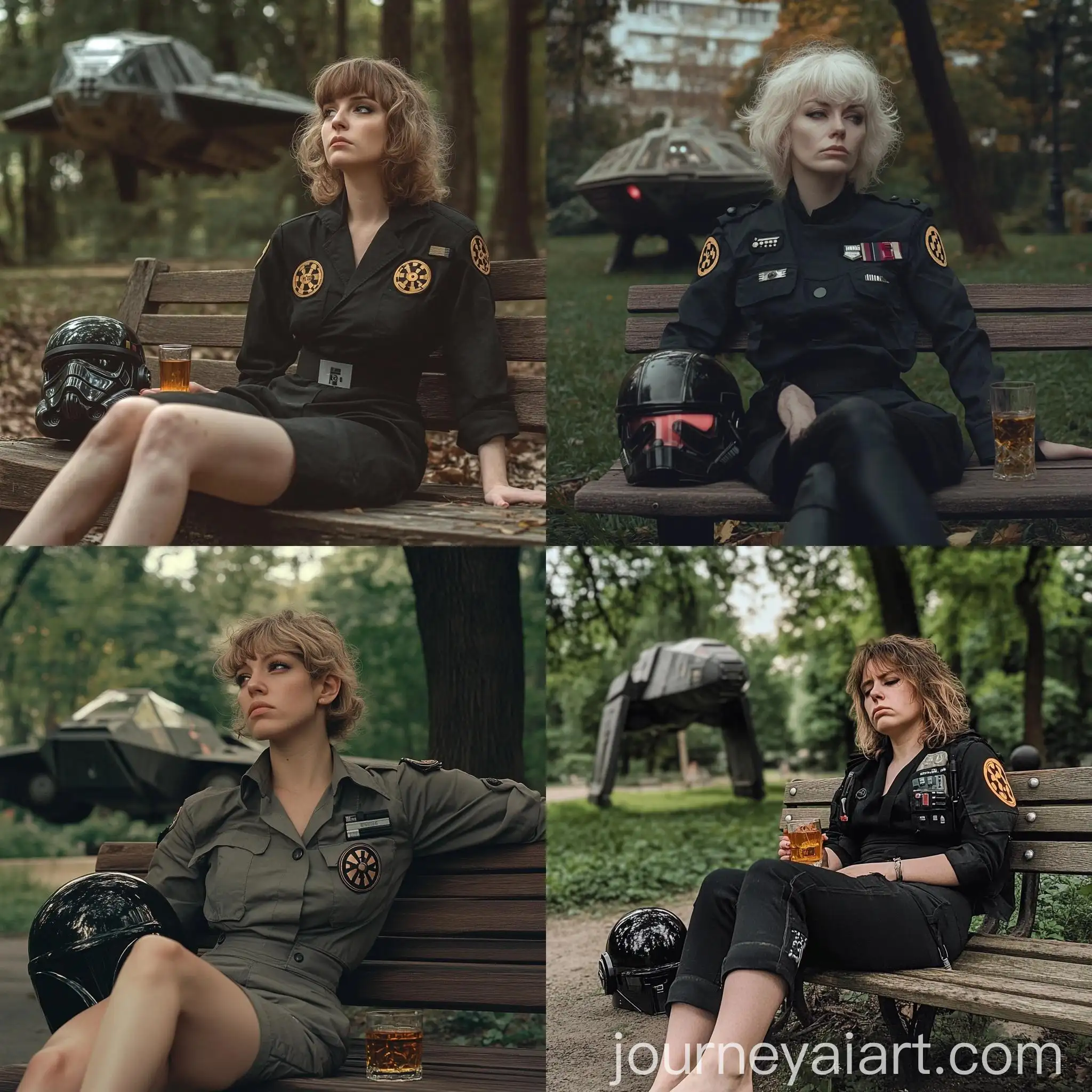 Sad-White-Woman-in-TieFighter-Pilot-Uniform-with-Whisky-in-Cyberpunk-Park