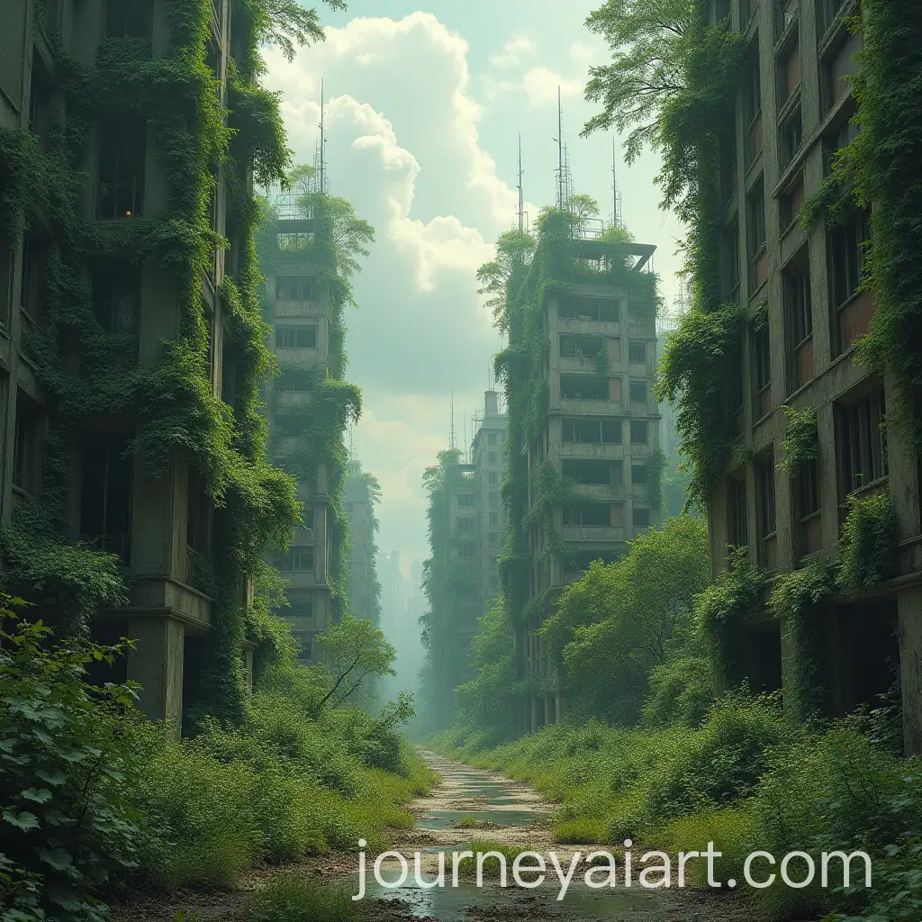 Apocalyptic-Cityscape-with-Overgrown-Trees-and-Abandoned-Buildings-in-Surreal-Art-Style