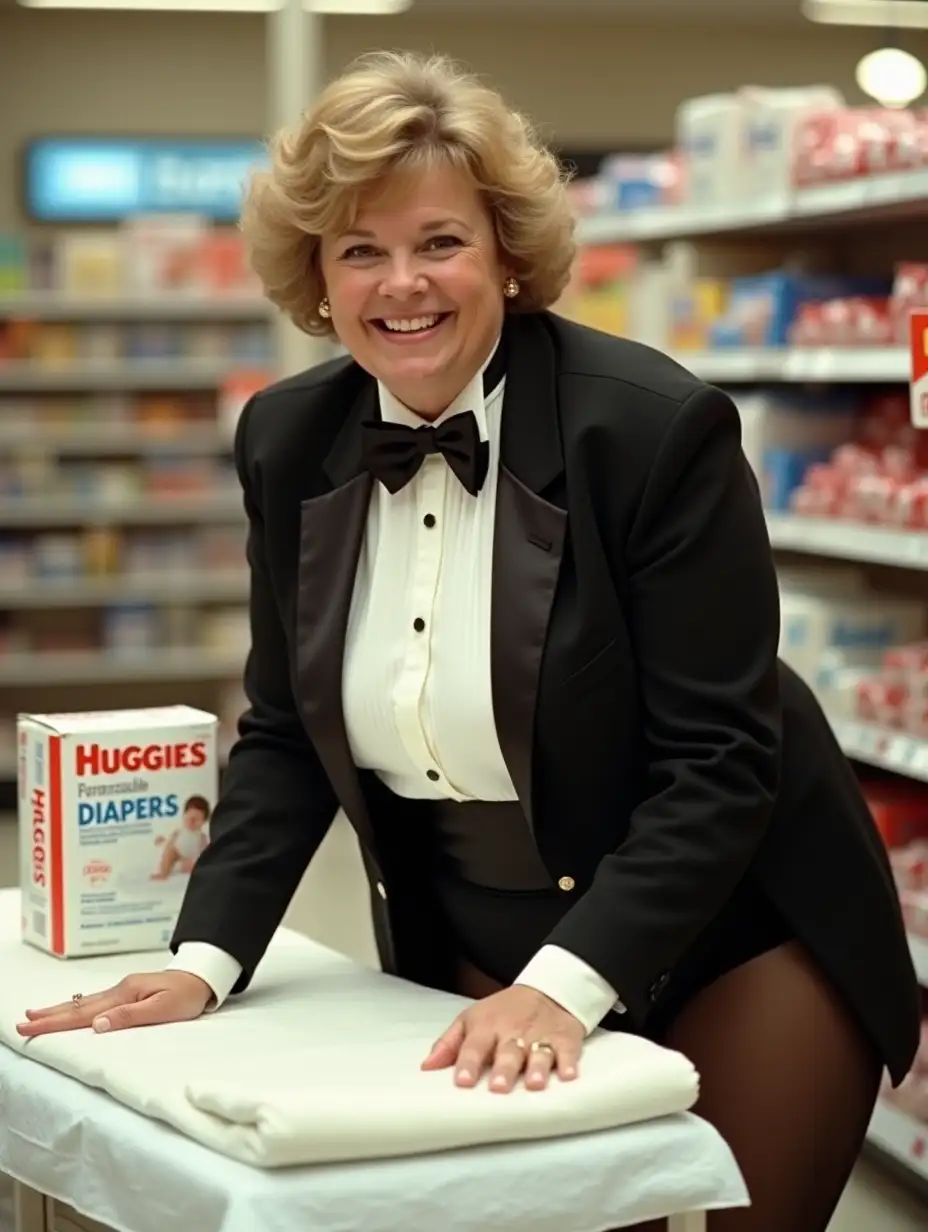 MiddleAged-Woman-in-Formal-Tuxedo-Demonstrating-Diapers-in-Supermarket-with-Free-Diapering-Sign