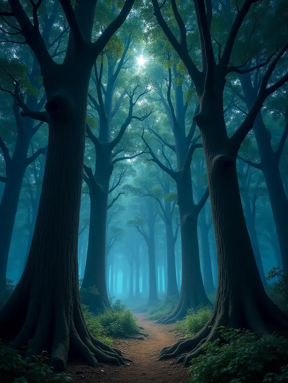 In the enchanted night forest, magic and dreams are intertwined with the towering trees. The hearts of the forest hold the hopes and aspirations of all who enter. This striking image, reminiscent of the style seen in 'The Lord of the Rings,' transports viewers to a realm of fantasy and wonder. Each tree stands tall and majestic, their branches reaching for the starlit sky. The scene is imbued with a sense of mystery and ancient power, captured with exquisite detail and vivid colors. The overall quality of the image is truly breathtaking, inviting viewers to immerse themselves in this mystical world.