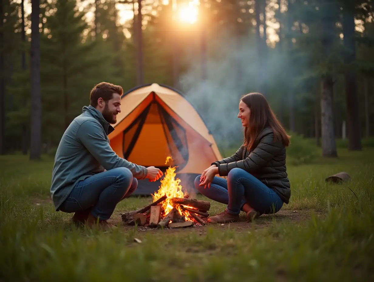 Couple-Camping-by-Campfire-in-Nature-with-Tent-and-Smoke