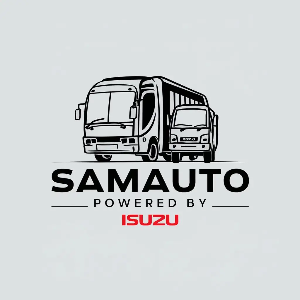 a vector logo design,with the text "SamAuto Powered by ISUZU", main symbol:bus and truck,Moderate,be used in Others industry,clear background