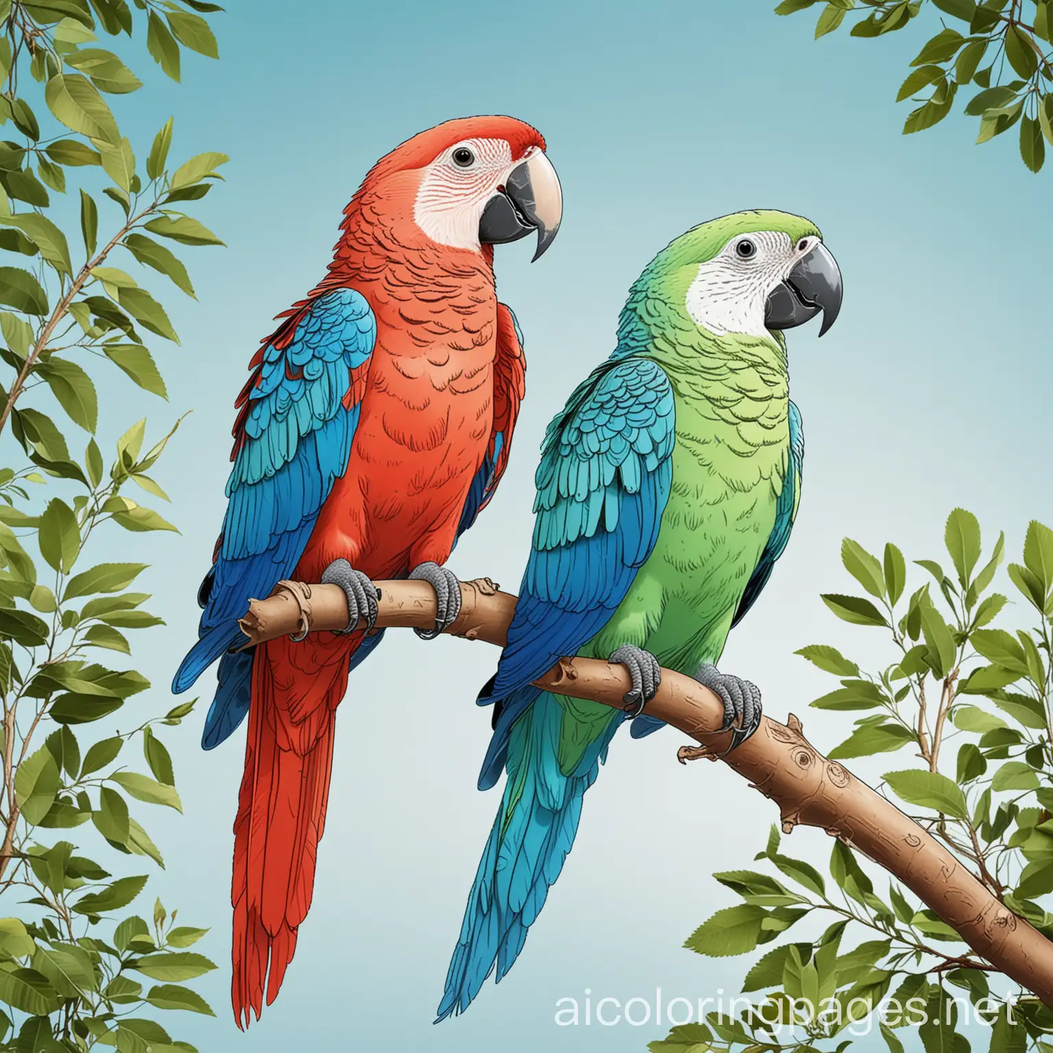 Colorful-Parrots-Perched-on-Branches-with-Green-Leaves-and-Blue-Sky